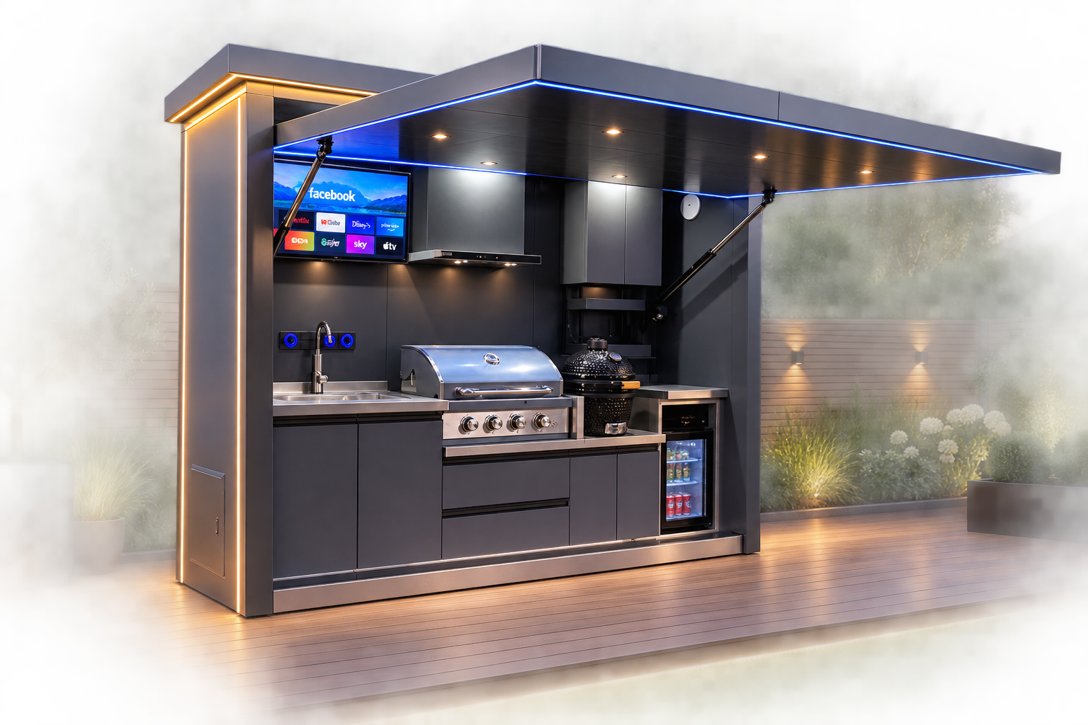 Party Kitchen at night with integrated LED lighting