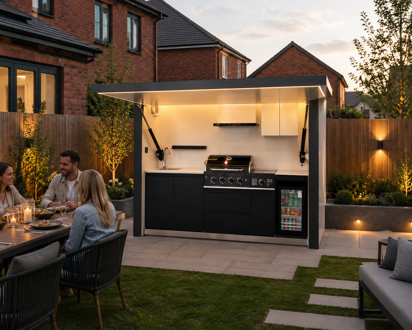 Friends dining beside an open Party Kitchen